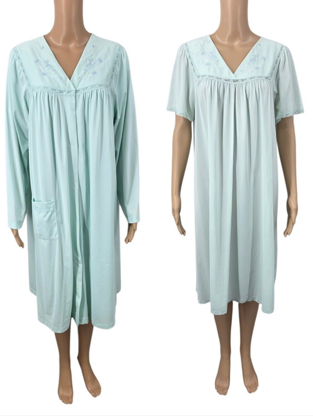 Shadowline Vintage Light Mint Embroidered Women's Nightgown and Robe Peignoir